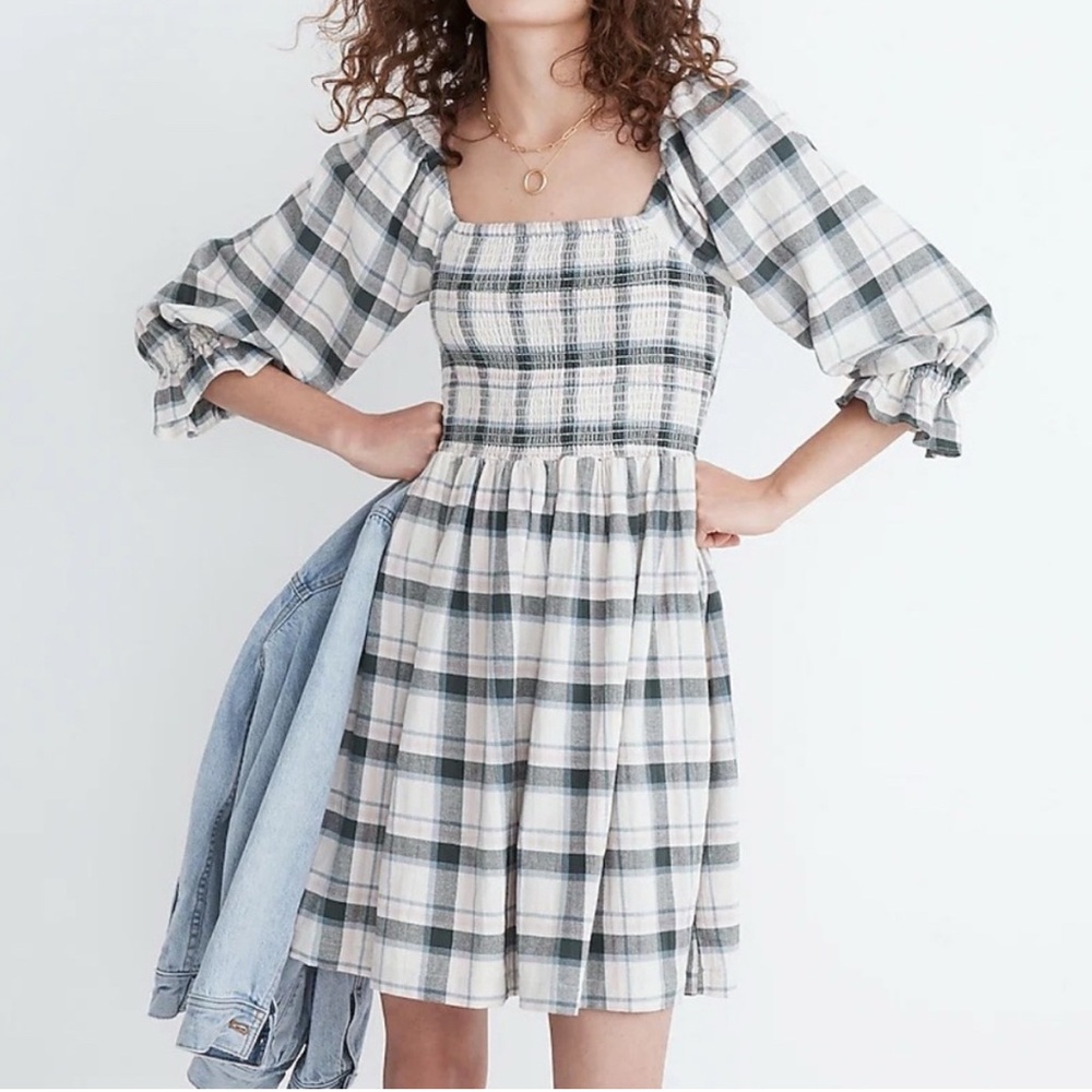 Madewell Plaid Puff Sleeve Dress Large